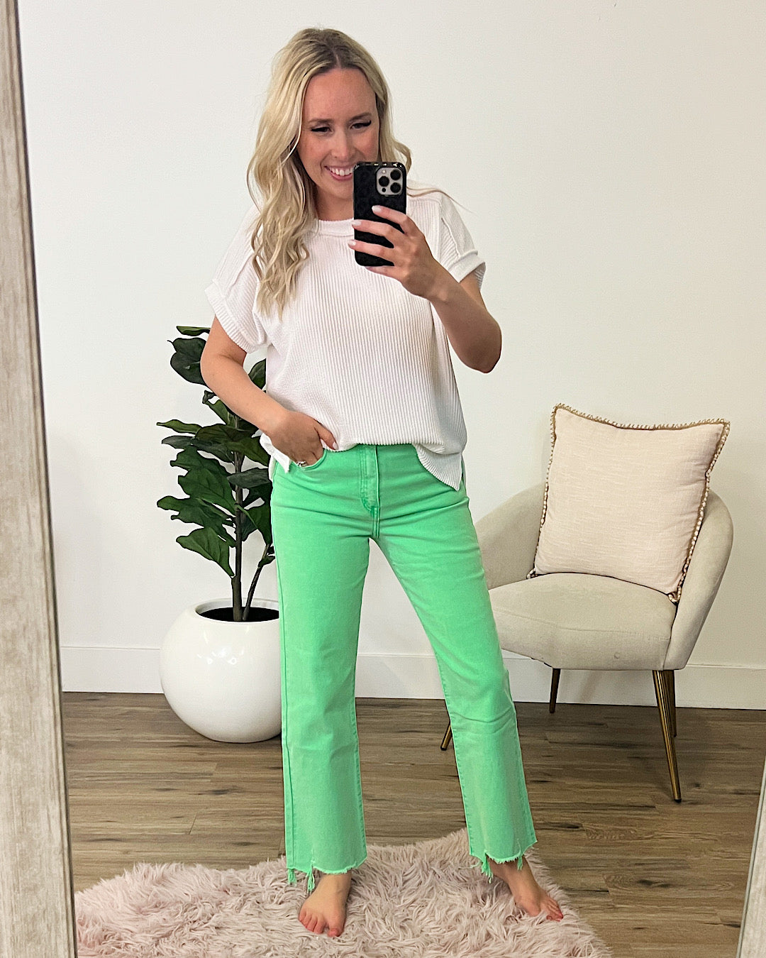 KanCan Suzanna Neon Green Chewed Hem Wide Leg Jeans  KanCan   