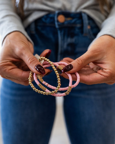 NEW! Polymer and Metallic Bead Bracelet Set - Pink Trendy Wholesale