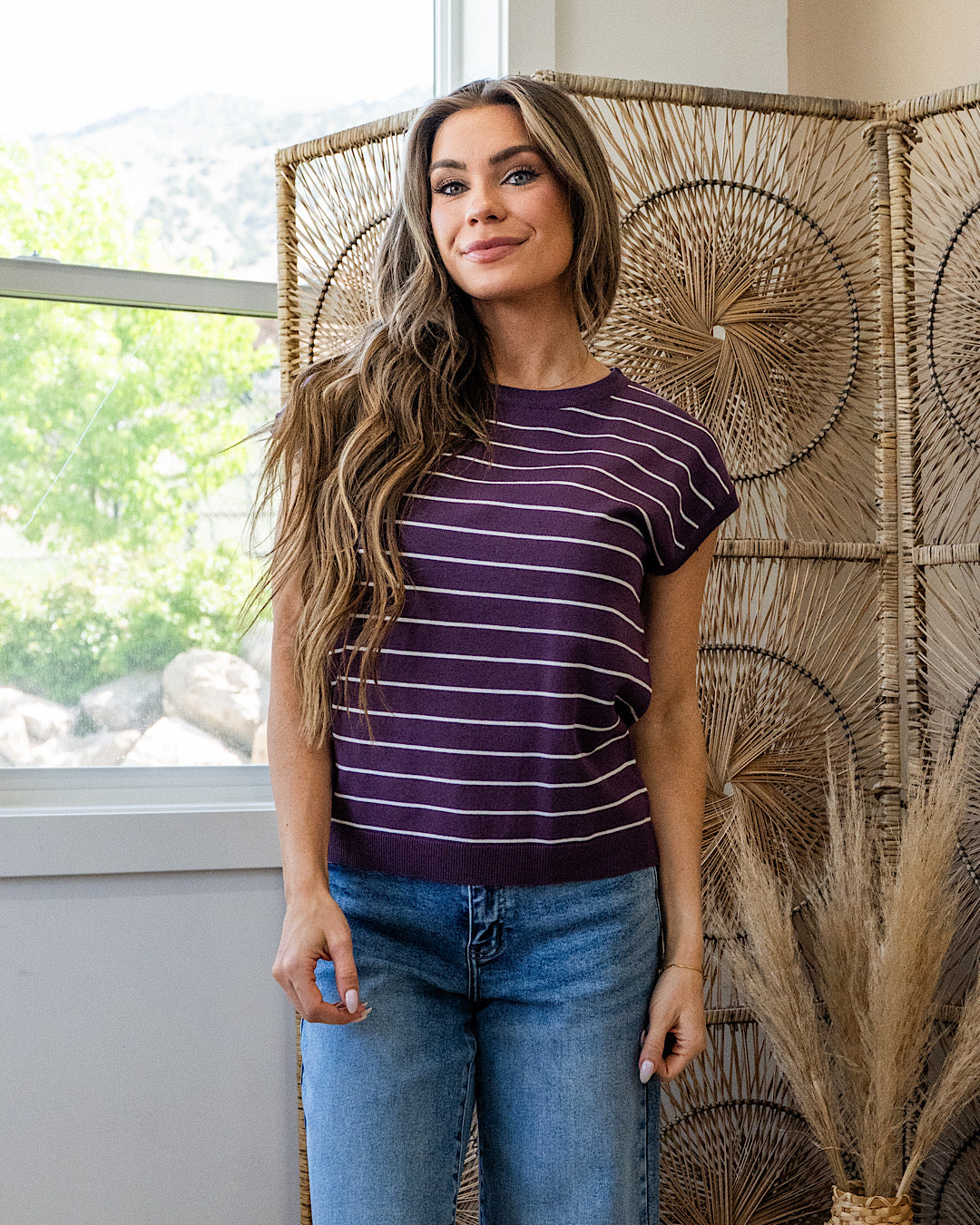 NEW! Allie Striped Short Sleeve Sweater - Eggplant Staccato
