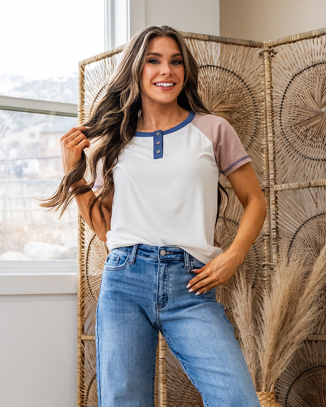 NEW! Maisey Baseball Henley Top - Ivory & Rose Staccato