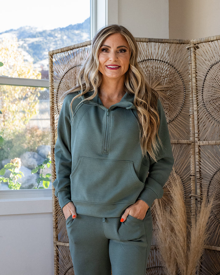 Rae Mode Buttery Soft Scuba Half Zip Hoodie - Sage Leaf