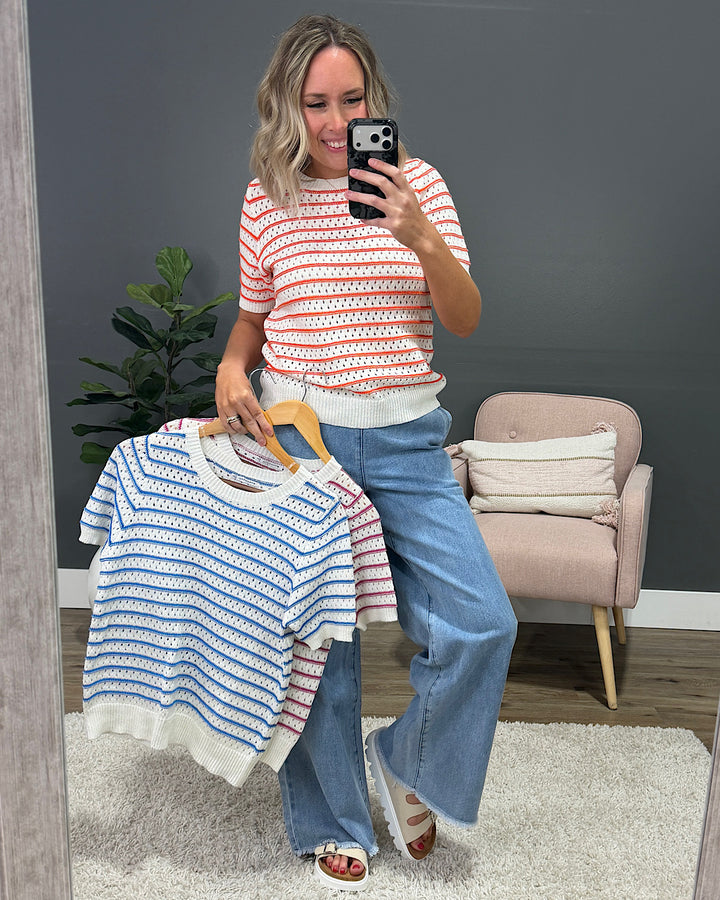 NEW! Kaitlyn Open Knit Striped Sweater Top - Blue Staccato