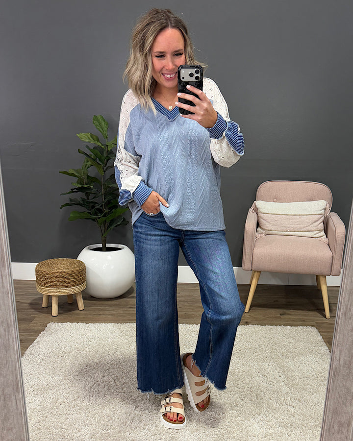 NEW! Angelique Mixed Fabric V Neck Top - Blue