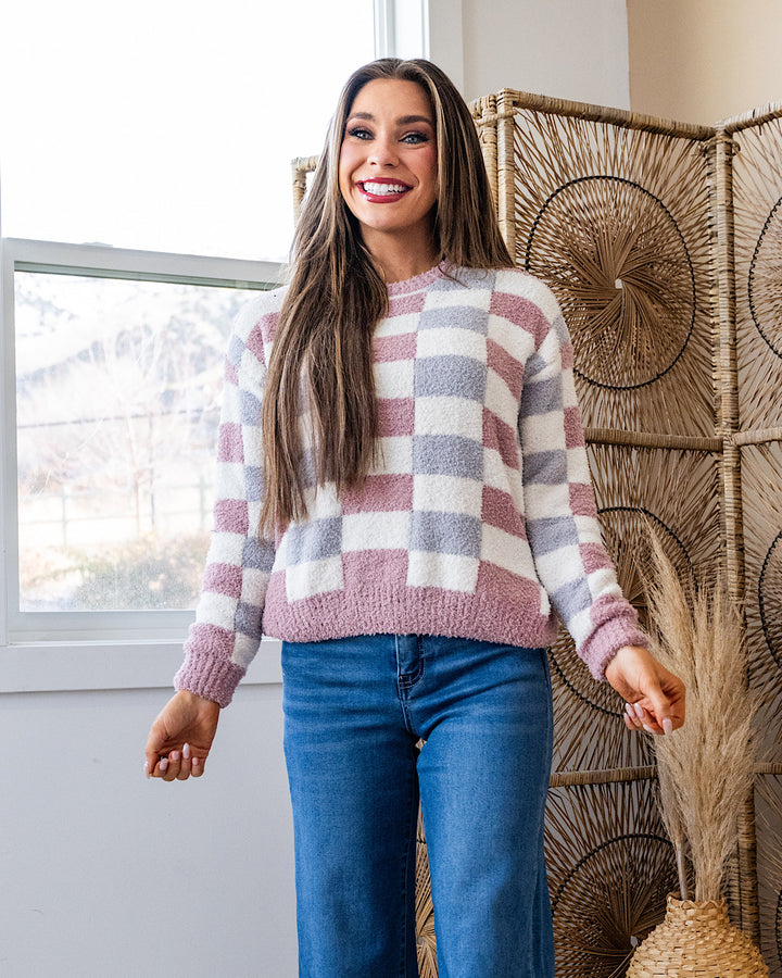 Kathryn Cozy Checkered Sweater - Gray & Pink Michelle Mae