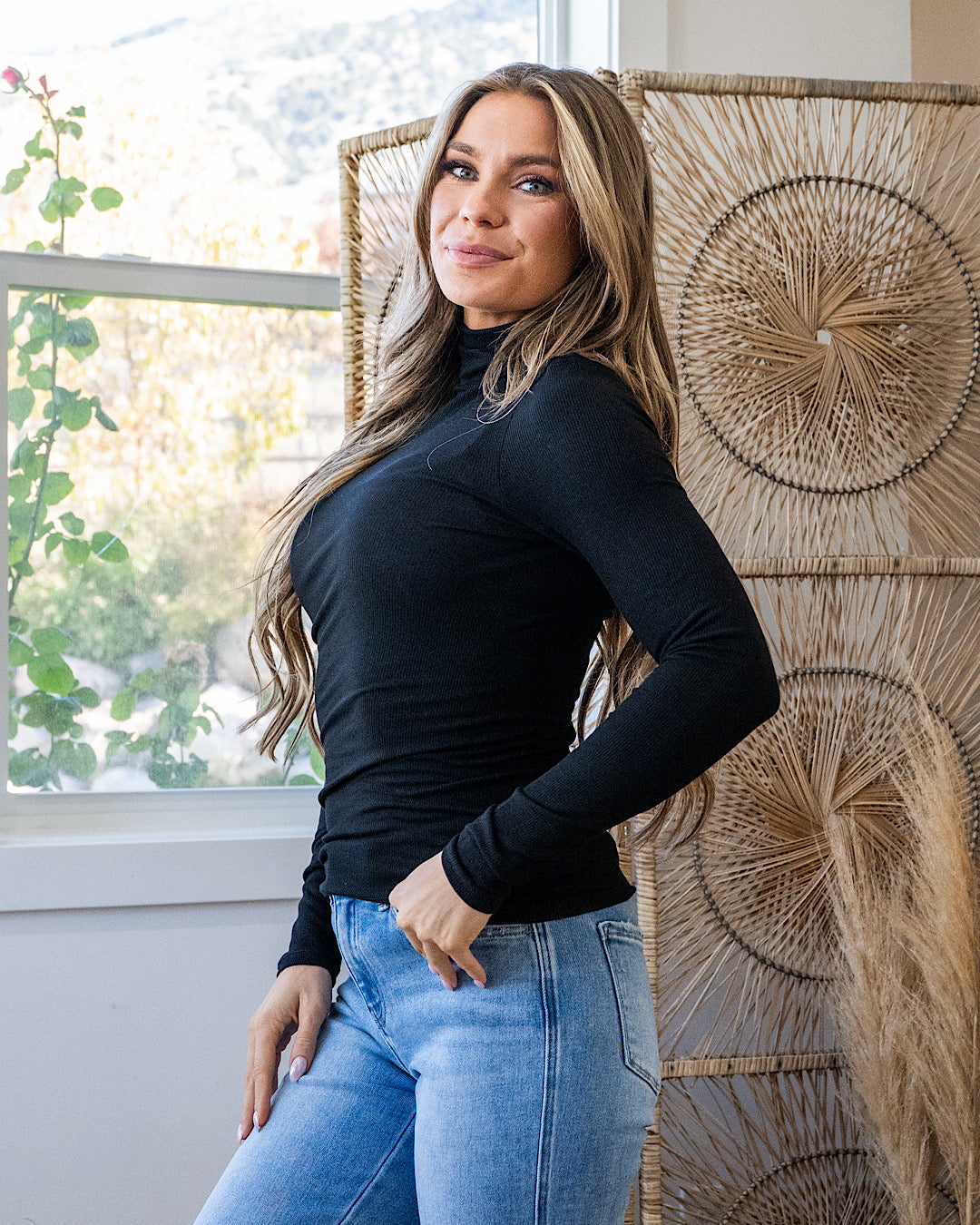 Meg Micro Ribbed Turtleneck Top - Black