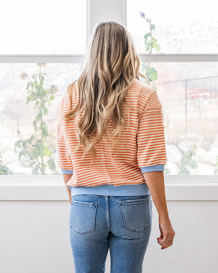 NEW! Jillian Striped Half Sleeve Top - Peach & Blue Staccato