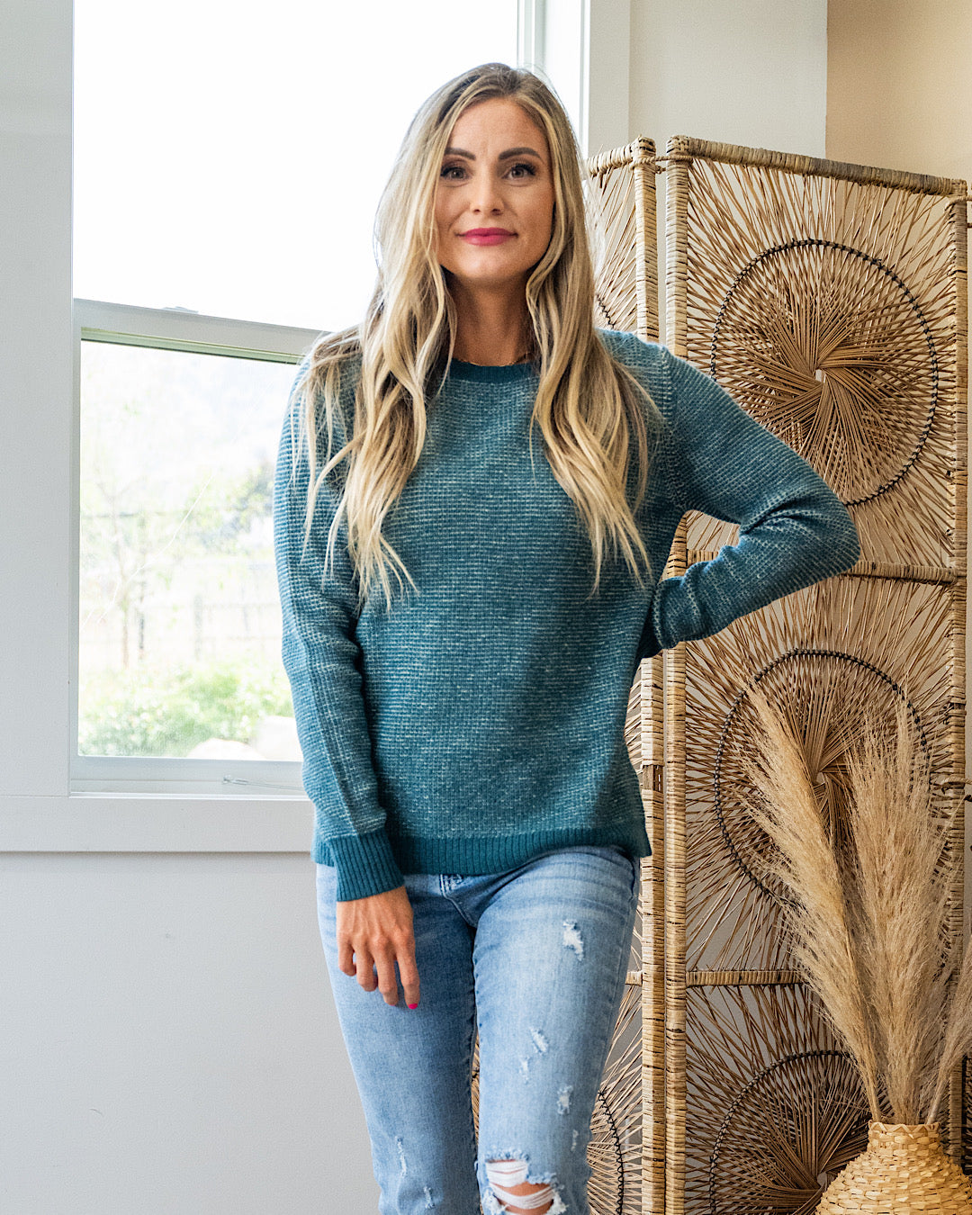 Judy Waffle Knit Sweater - Peacock Staccato