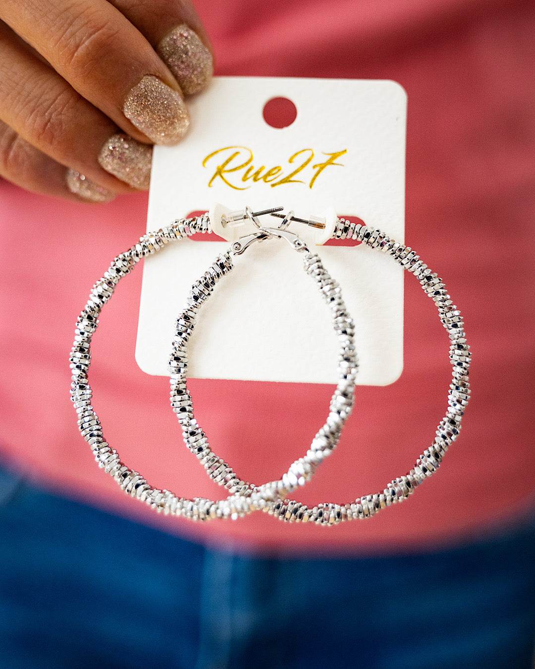 Textured Hoop Earrings - Silver Trendy Wholesale