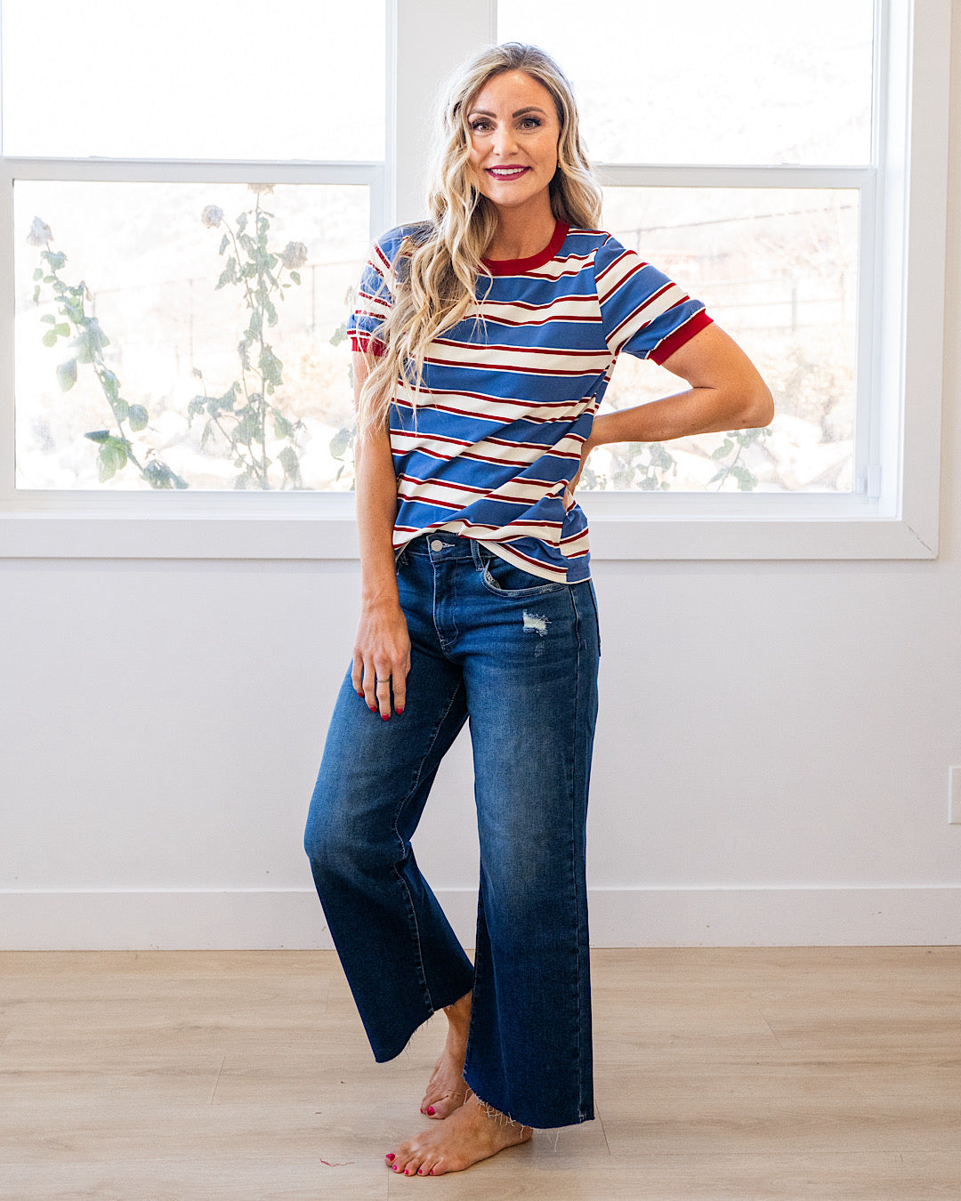 NEW! Shauna Contrast Striped Top - Denim & Burgundy Staccato