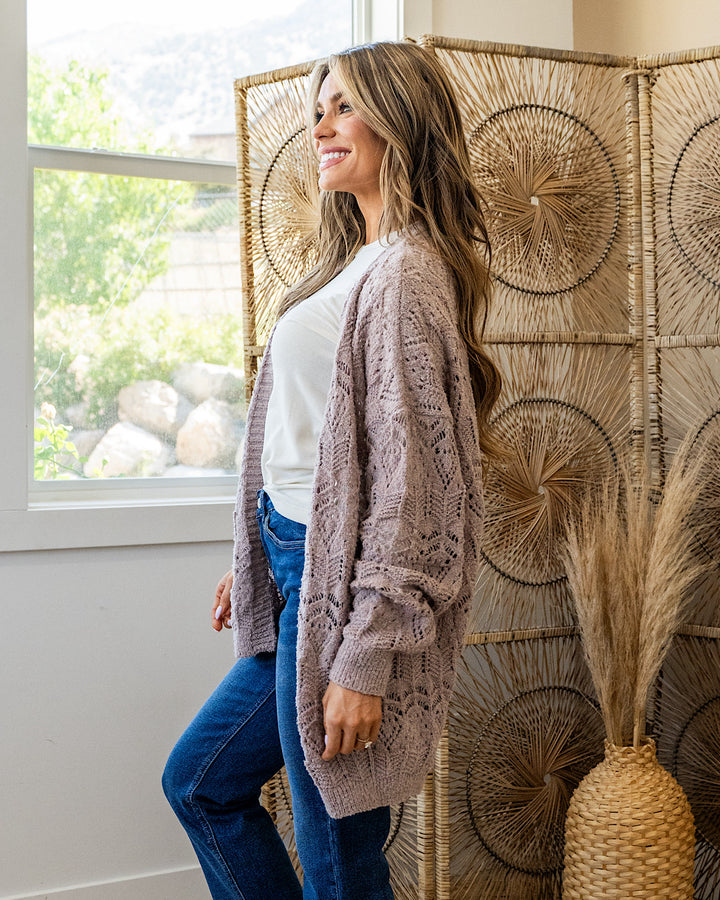 NEW! Roselin Pointelle Open Cardigan - Taupe