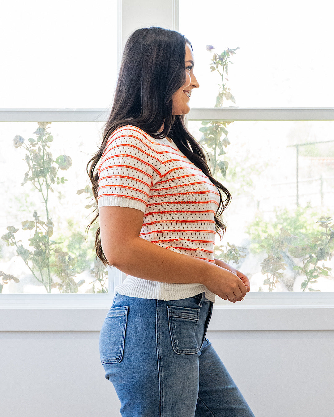 NEW! Kaitlyn Open Knit Striped Sweater Top - Orange Staccato