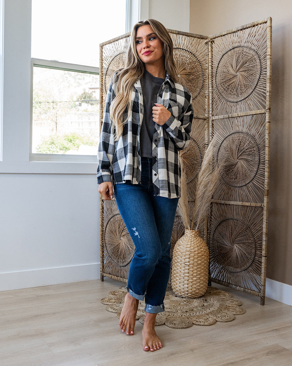 NEW! Devri Plaid Flannel Top - Black and Cream Be Cool