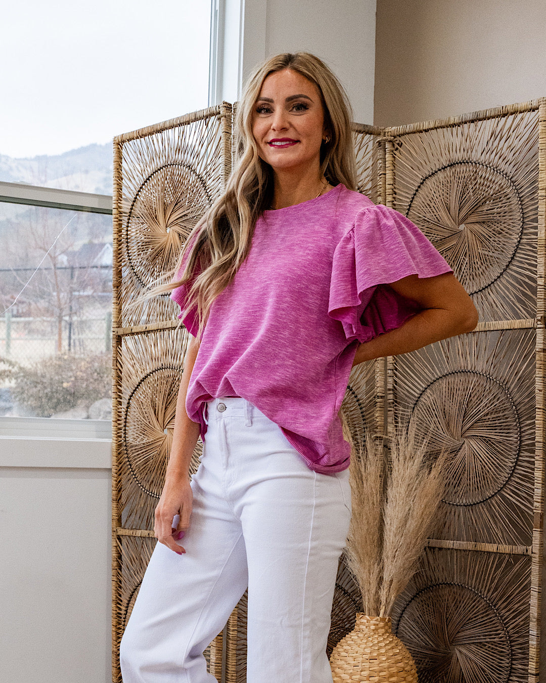 NEW! Abigail Ribbed Ruffle Sleeve Top - Magenta Sew In Love