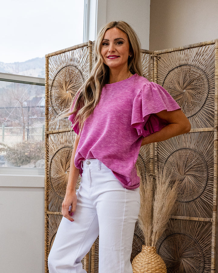 NEW! Abigail Ribbed Ruffle Sleeve Top - Magenta Sew In Love