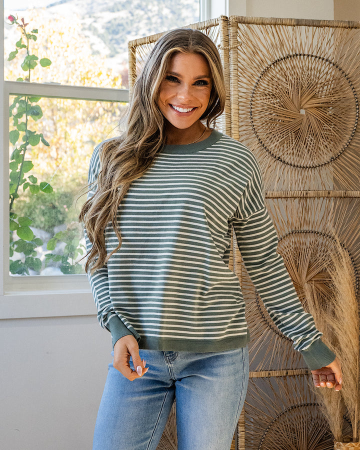 NEW! Believe It Striped Sweater - Dusty Jade Staccato