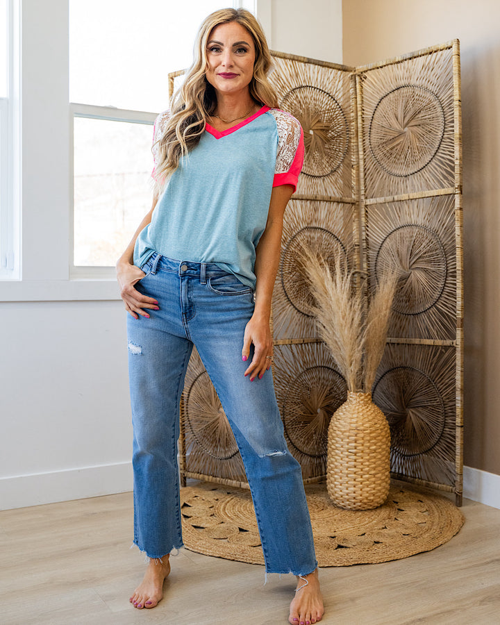 Hope Slub Knit Top with Lace Detail - Mint SALE Lovely Melody