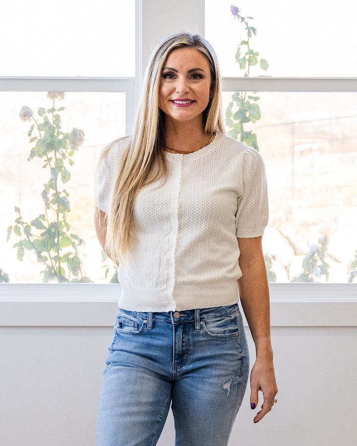 NEW! Brooke Pointelle Short Sleeve Cardigan - White