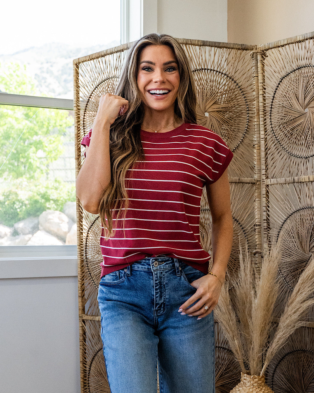 NEW! Allie Striped Short Sleeve Sweater - Marsala Staccato
