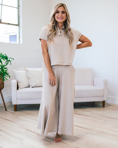 Rochelle Taupe Polo Top and Wide Leg Pant Set  Ces Femme   