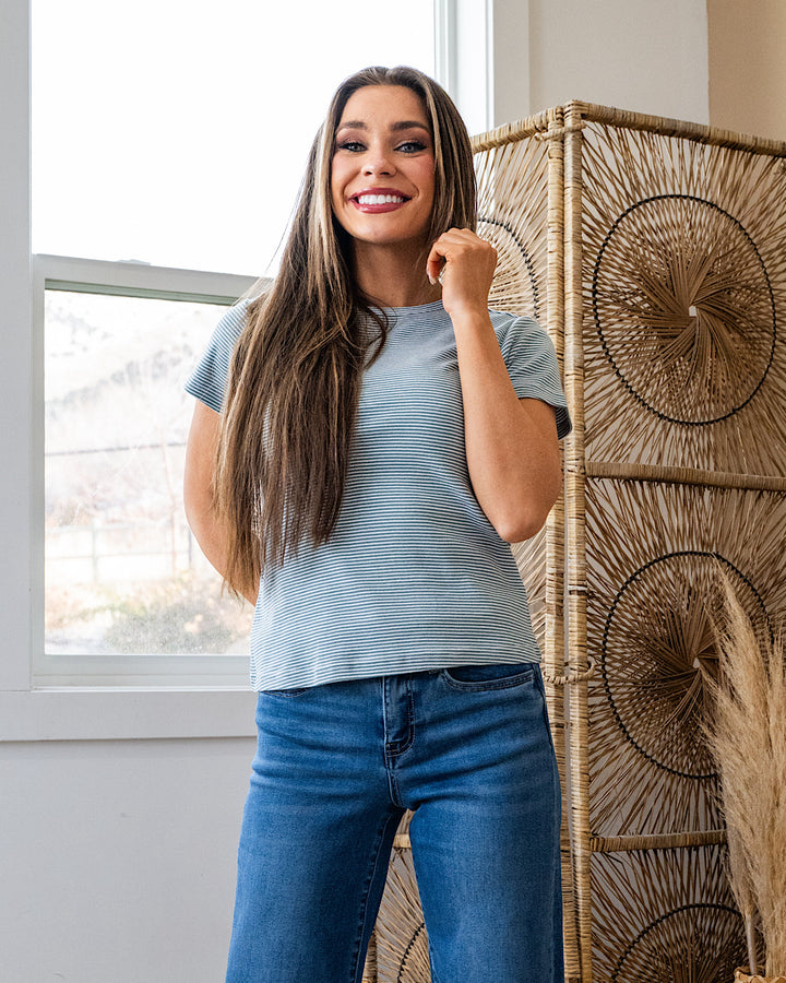 Lexi Light Turquoise and Ivory Striped Top Thread & Supply