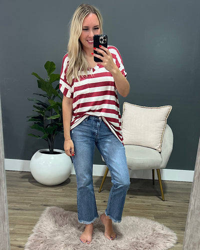 Jenna Stripe Boyfriend V Neck Top - Terracotta  Sew In Love   