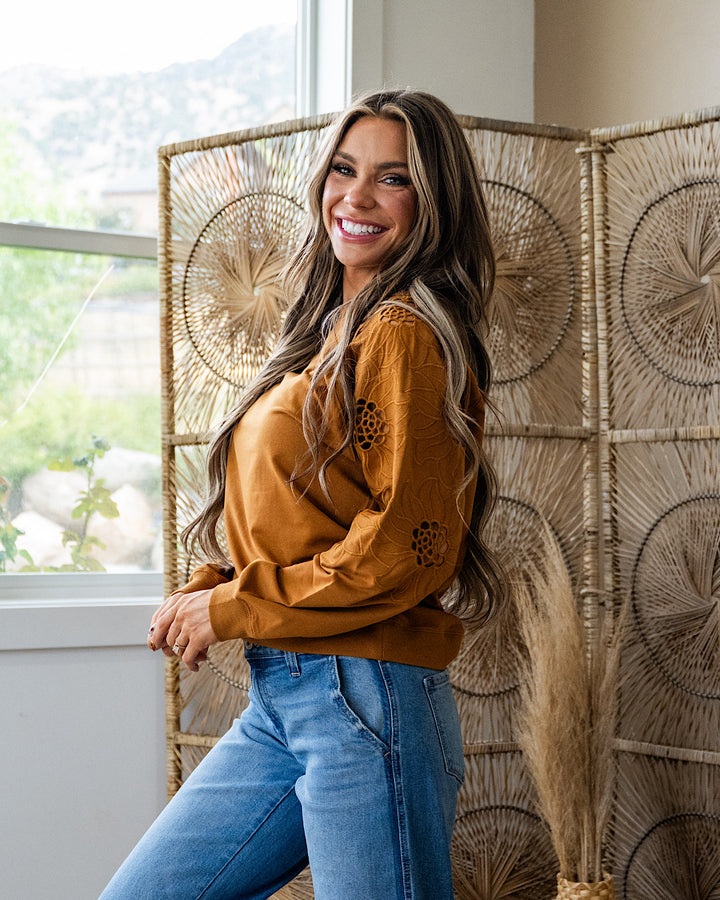 NEW! Iris Floral Embroidered Sleeve Top - Butterscotch PS Kate