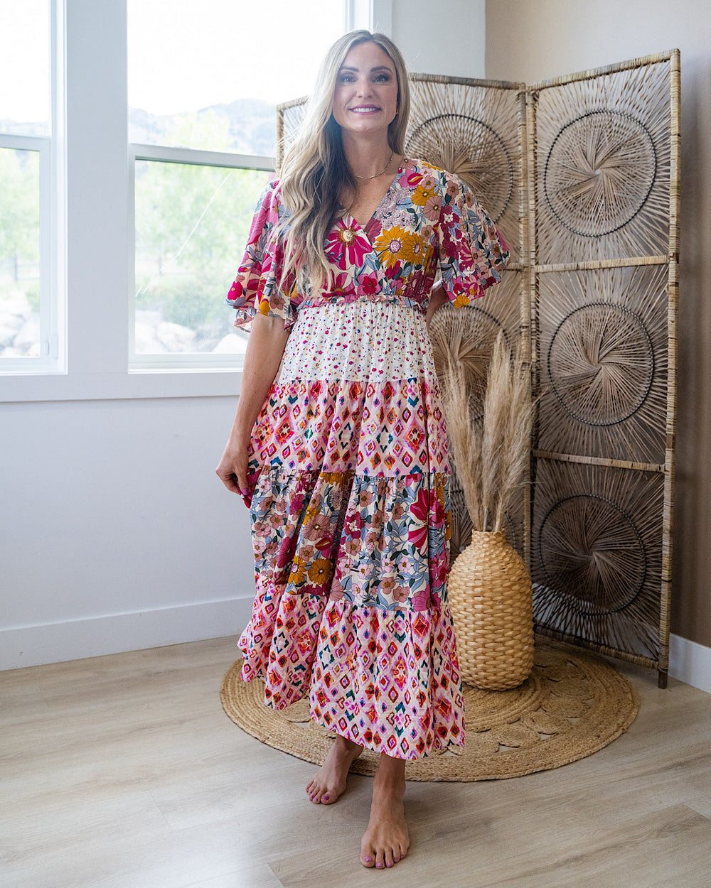Alyssa Mixed Pattern Floral Midi Dress - Rose Bibi