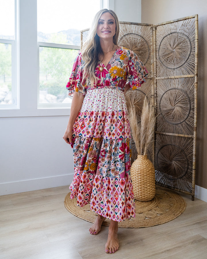 Alyssa Mixed Pattern Floral Midi Dress - Rose Bibi