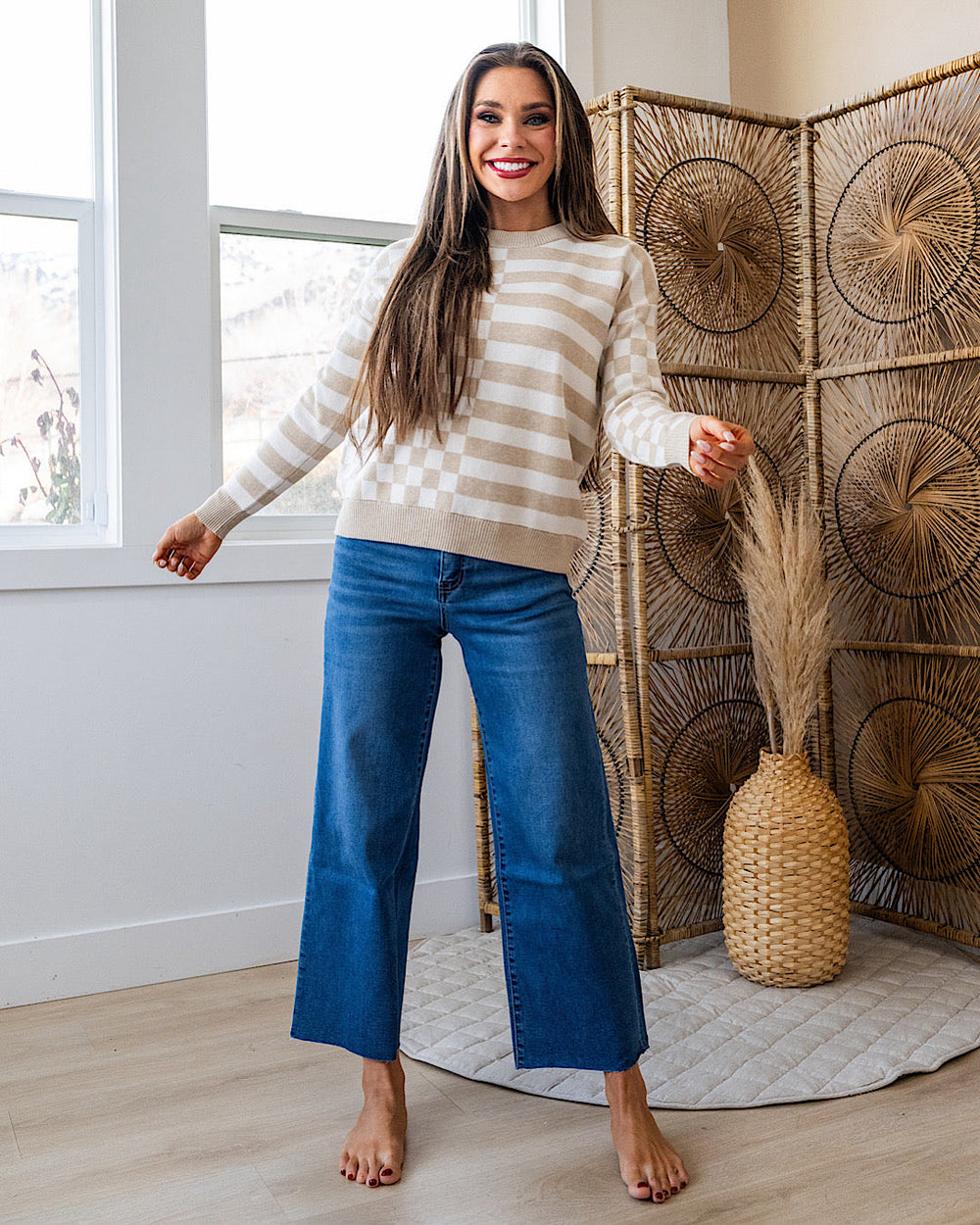 NEW! Ashley Checkered and Striped Sweater - Taupe Staccato
