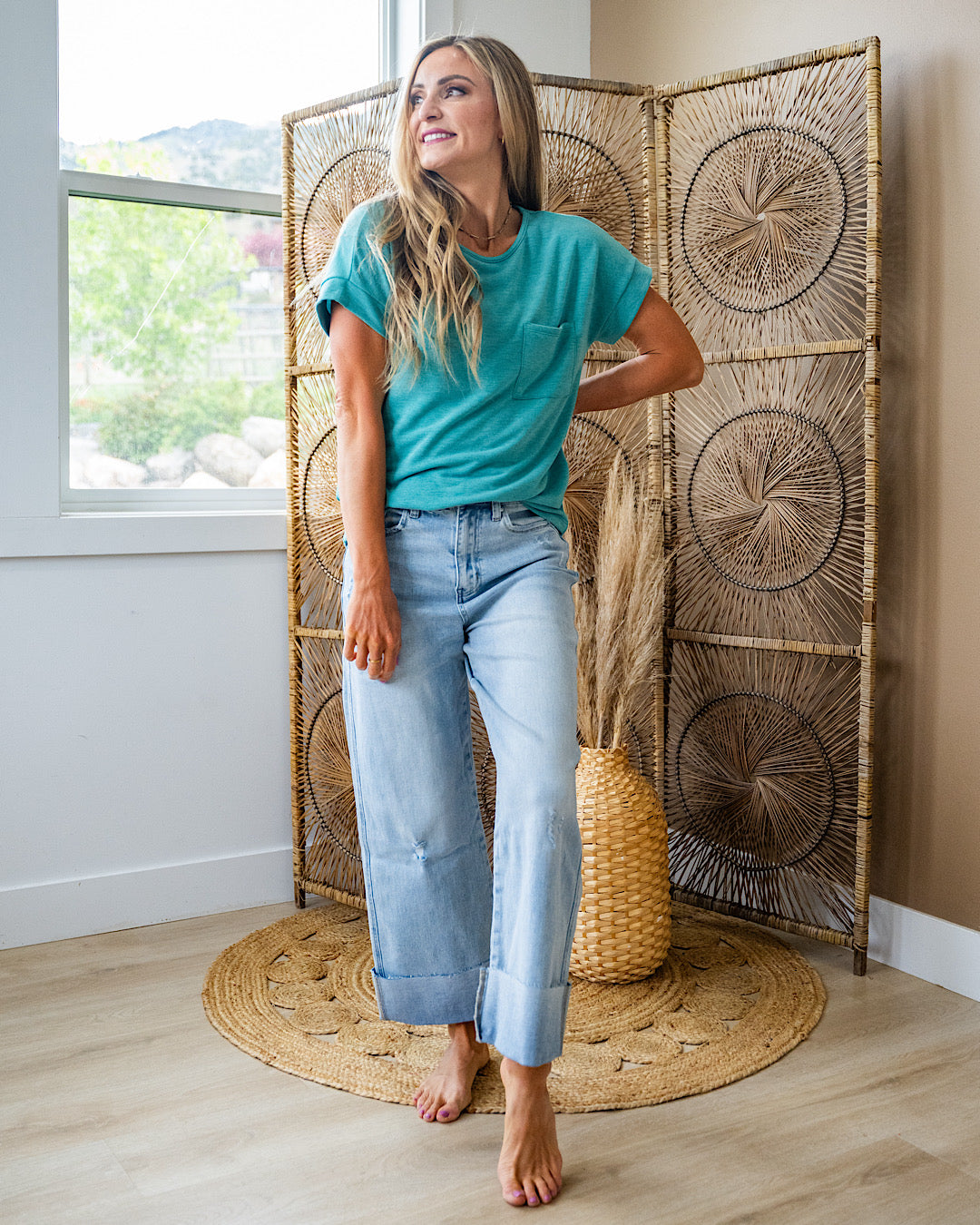 Junie Drop Shoulder Pocket Top - Green Staccato