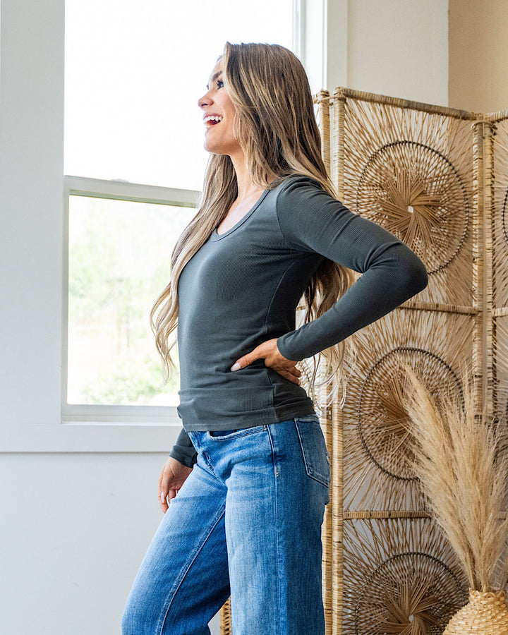 NEW! Jill Long Sleeve Ribbed Top - Charcoal Be Cool