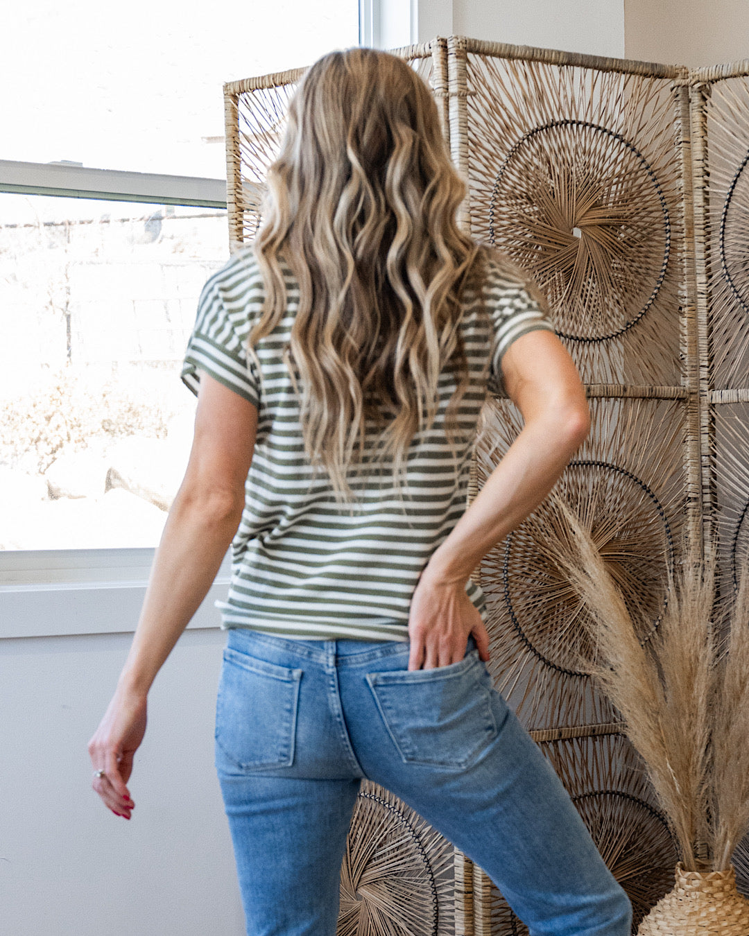 NEW! With You Striped Short Sleeve Sweater - Olive Staccato