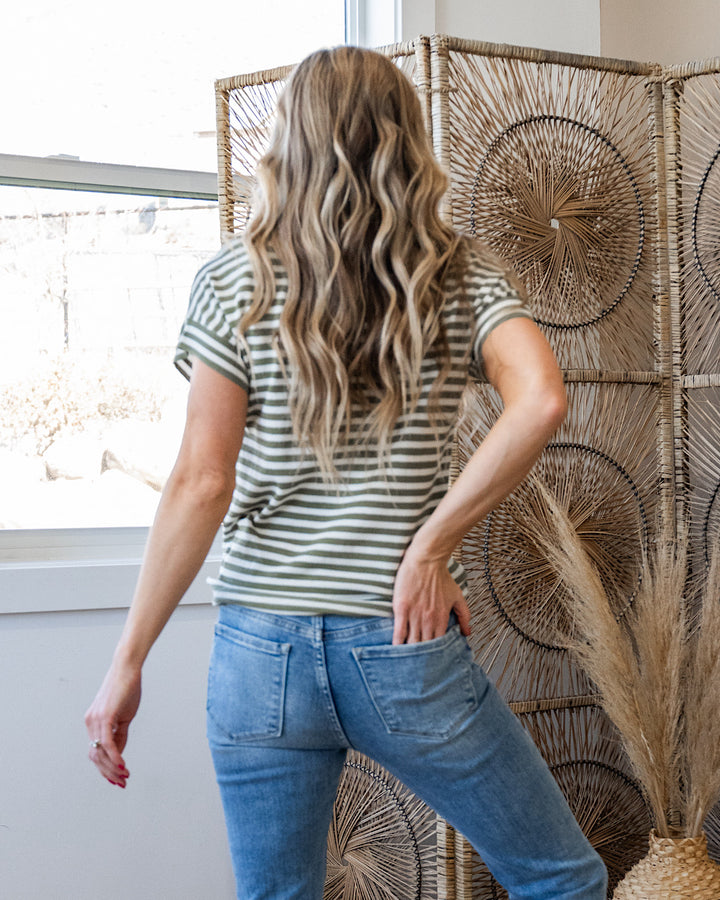 NEW! With You Striped Short Sleeve Sweater - Olive Staccato