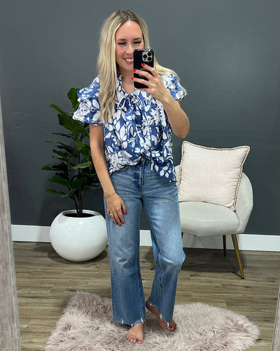 Marcie Blue Floral Ruffle Sleeve Top FINAL SALE  Ces Femme   