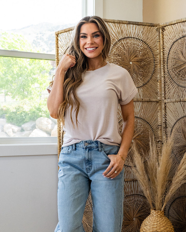 Melissa Roll Sleeve Top - Taupe Staccato
