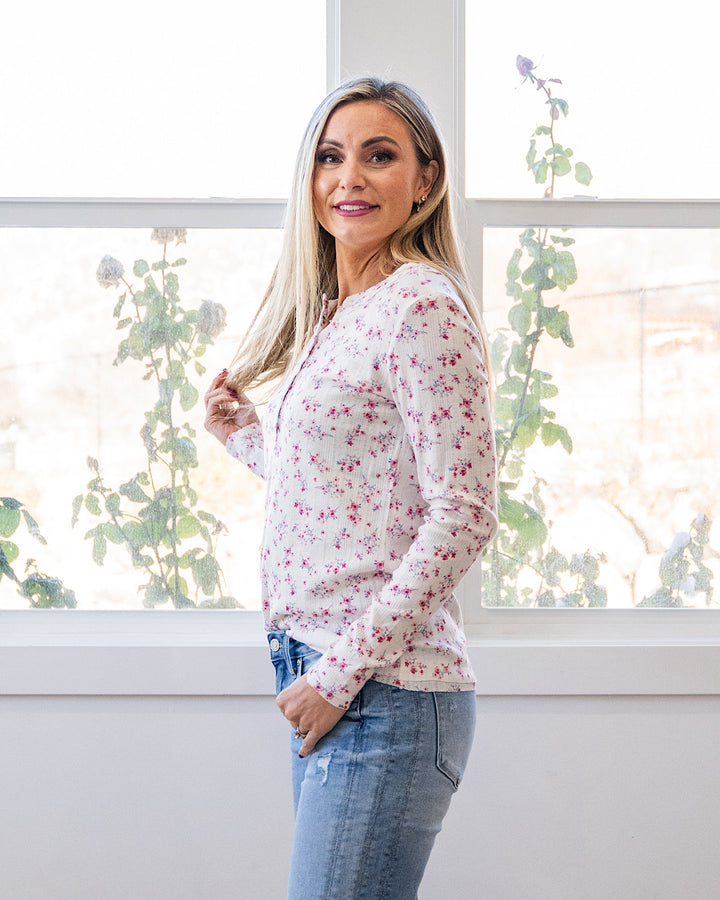 NEW! Christina Pointelle Henley Long Sleeve Top - Micro Pink Floral Michelle Mae