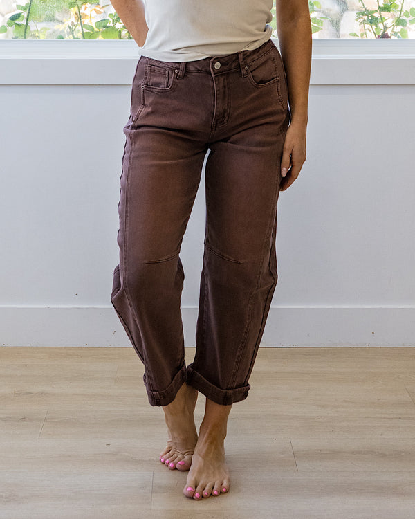 NEW! Alexandra Non Distressed Barrel Jeans - Rum Brown Zenana