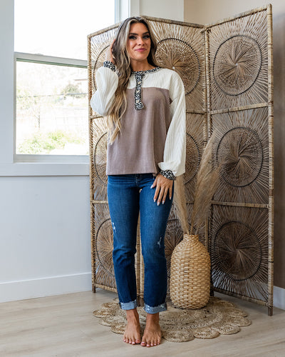 NEW! Shayla Mixed Fabric Color Block Henley Top - Mocha  Lovely Melody   