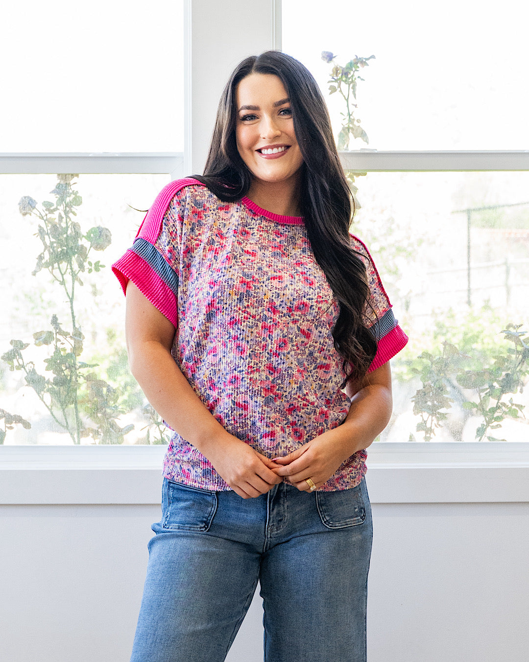 NEW! Karina Corded Color Block Top - Fuchsia Floral Lovely Melody