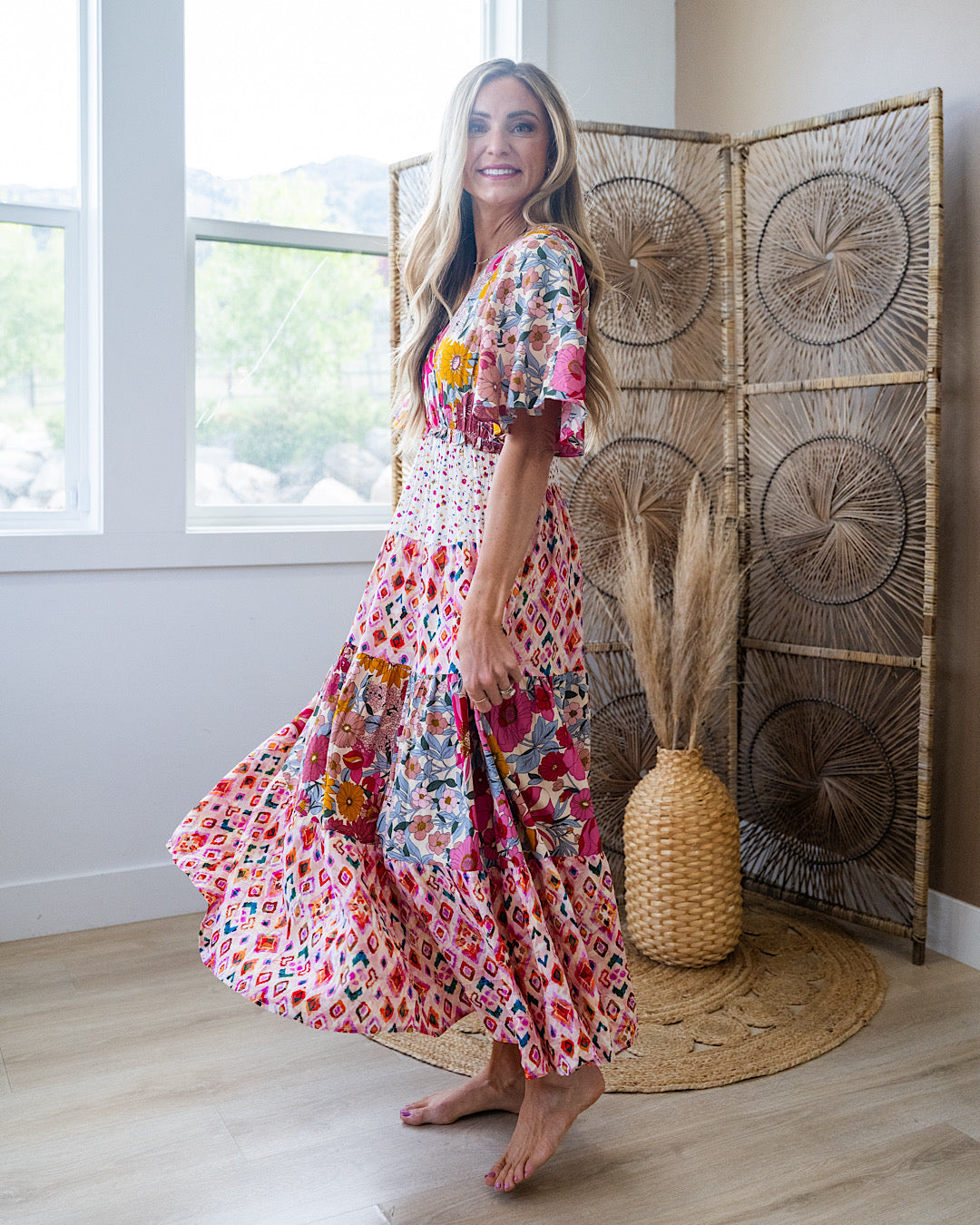 Alyssa Mixed Pattern Floral Midi Dress - Rose Bibi