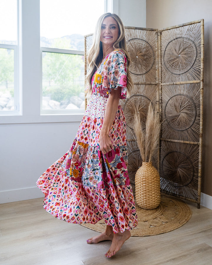 Alyssa Mixed Pattern Floral Midi Dress - Rose Bibi