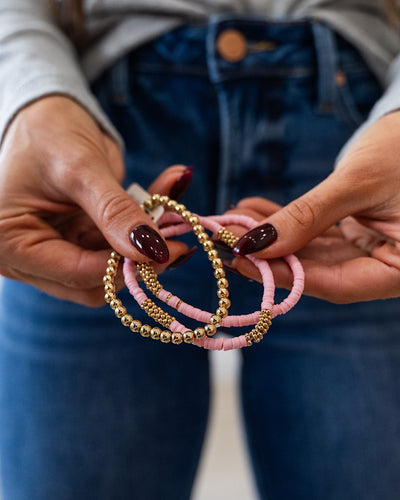 NEW! Polymer and Metallic Bead Bracelet Set - Pink Trendy Wholesale