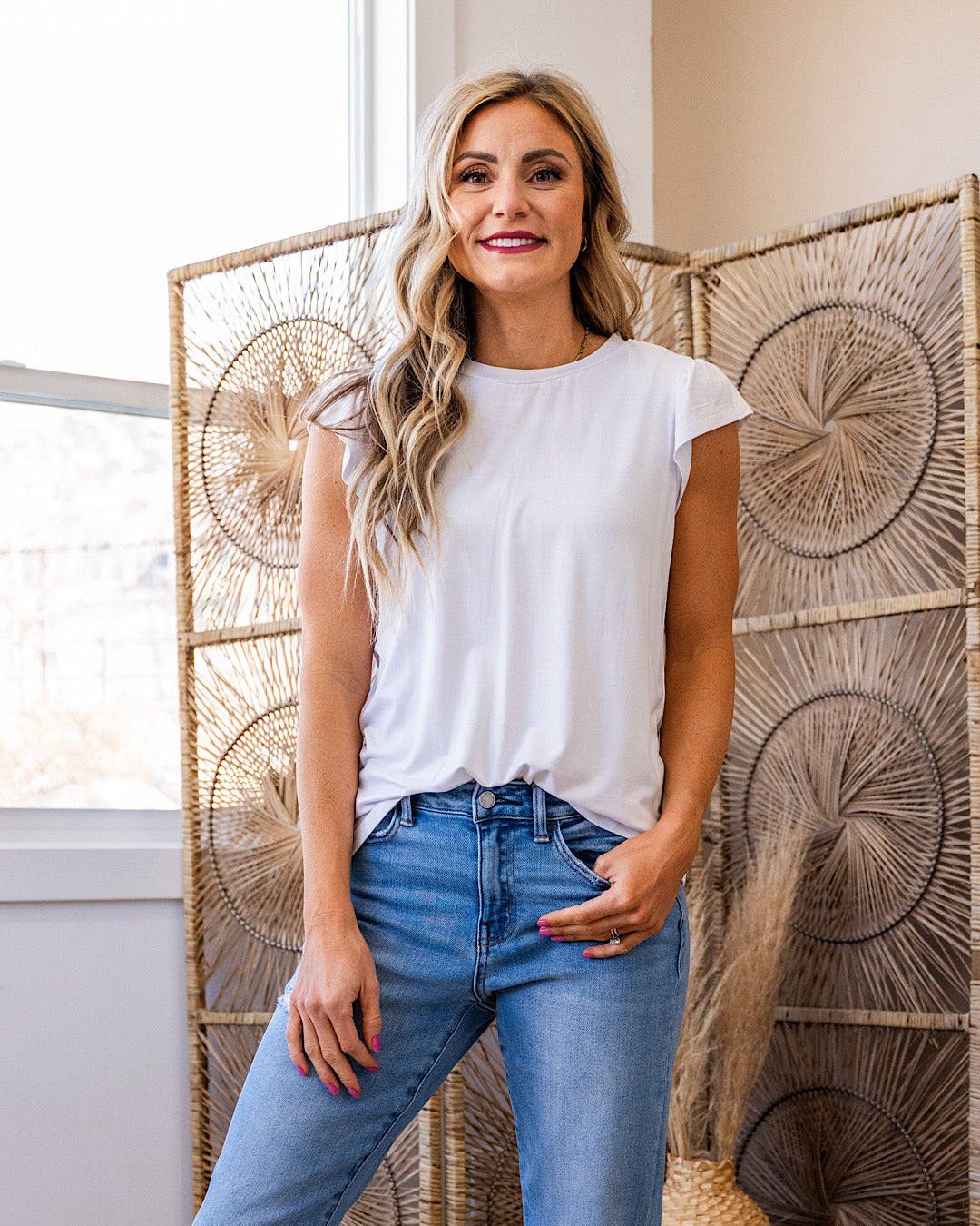 Demi Flutter Sleeve Top - White Staccato