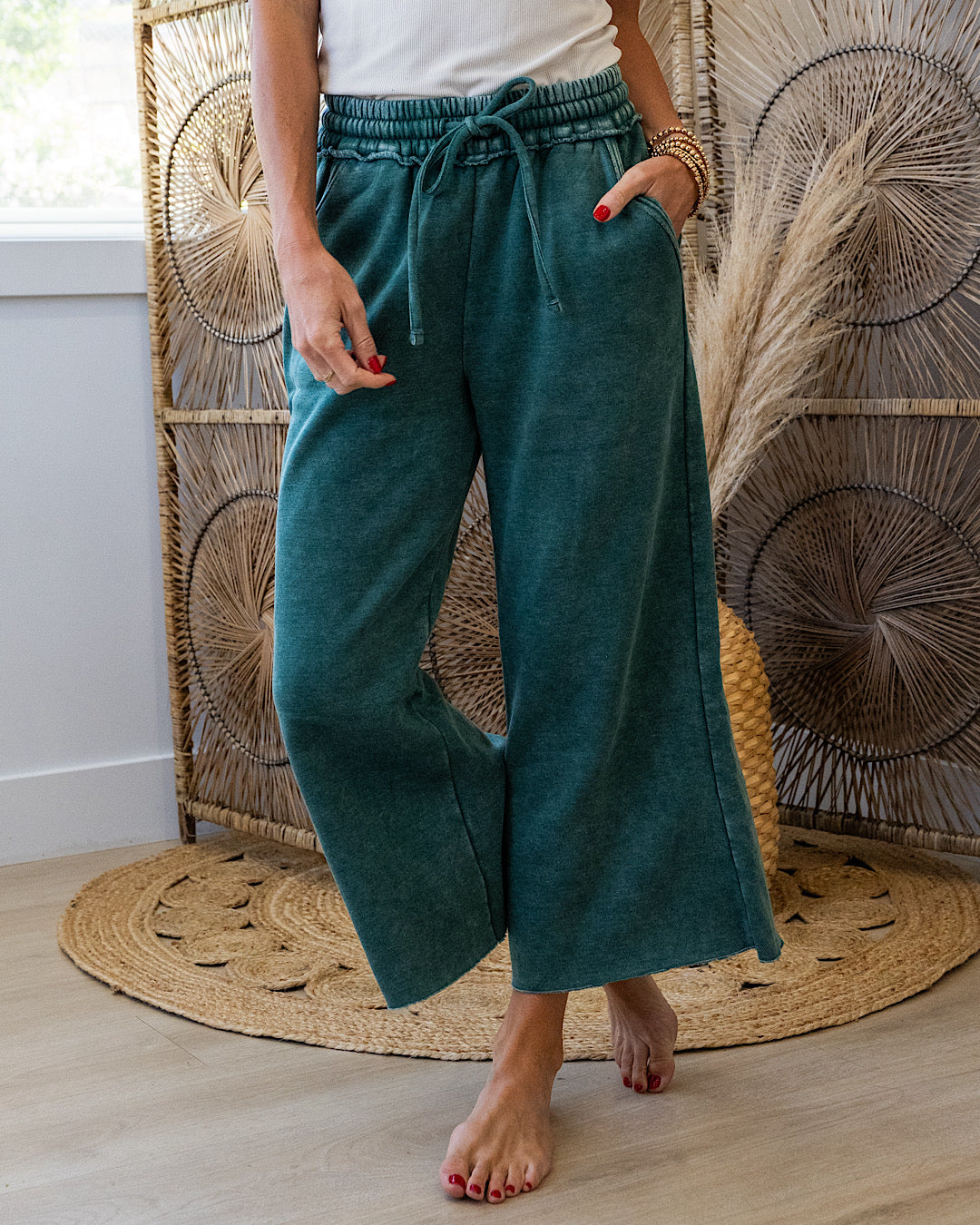 NEW! Cropped Wide Leg Comfy Pants - Dark Green Zenana