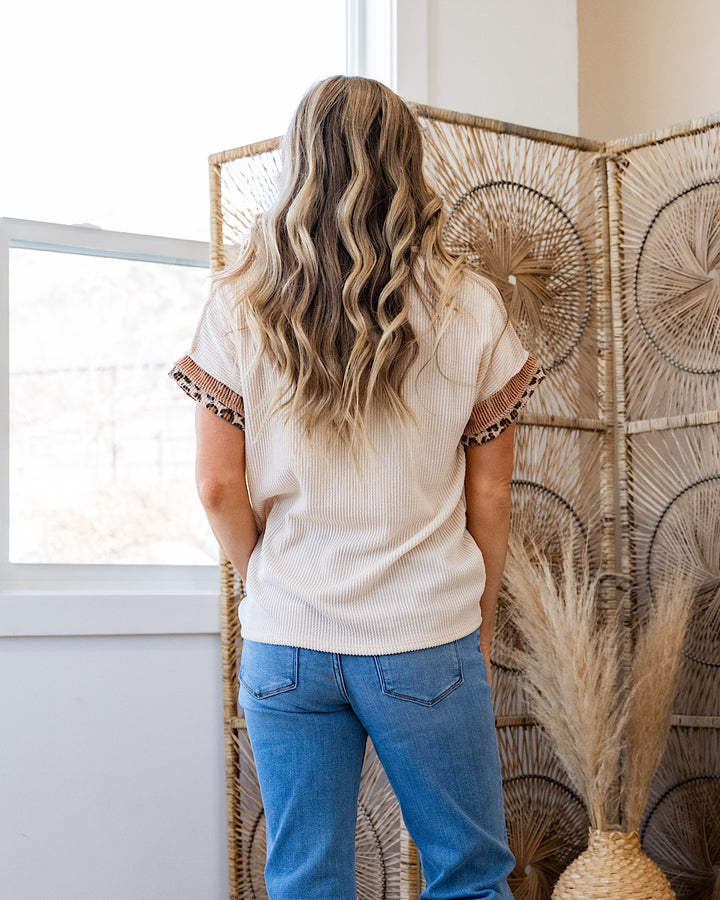 Maya Corded Color Block Top with Leopard Detail - Taupe Lovely Melody
