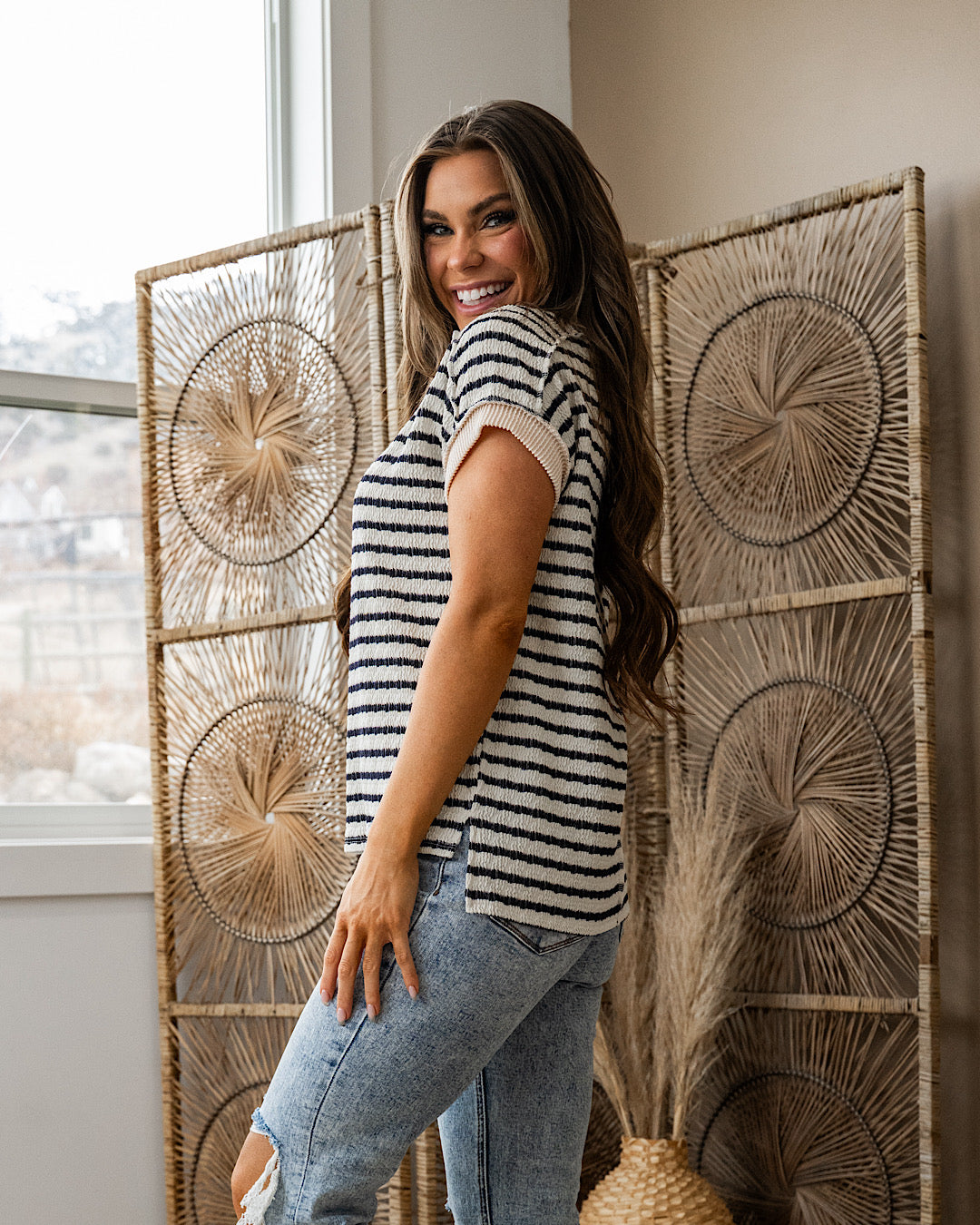 NEW! Jillian Textured Striped Top - Black 7th Ray