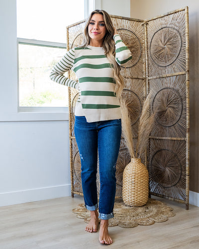 NEW! Kimberly Contrast Stripe Knit Top - Olive & Oatmeal  Bibi   