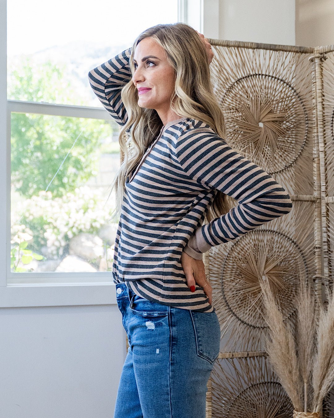 Claudia Striped Henley Top - Charcoal
