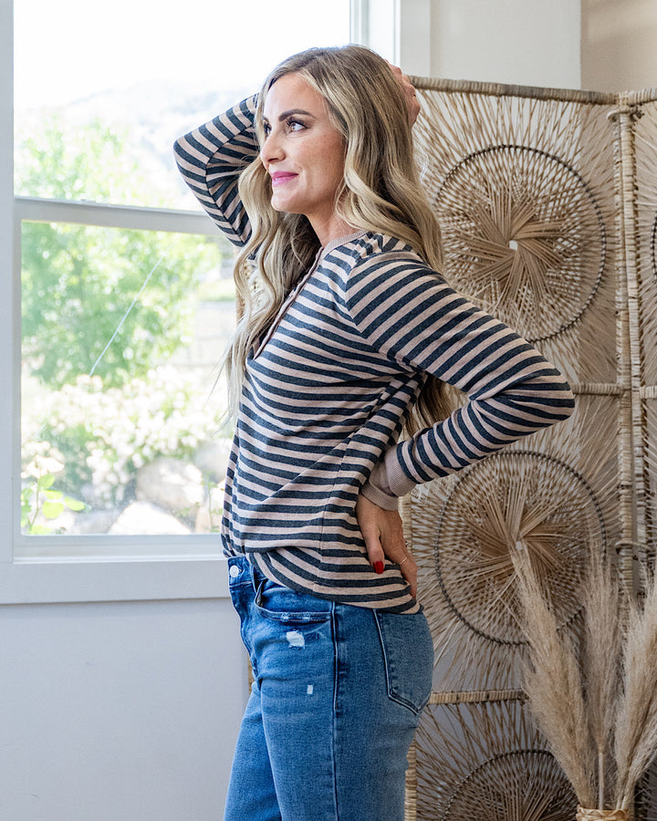 Claudia Striped Henley Top - Charcoal