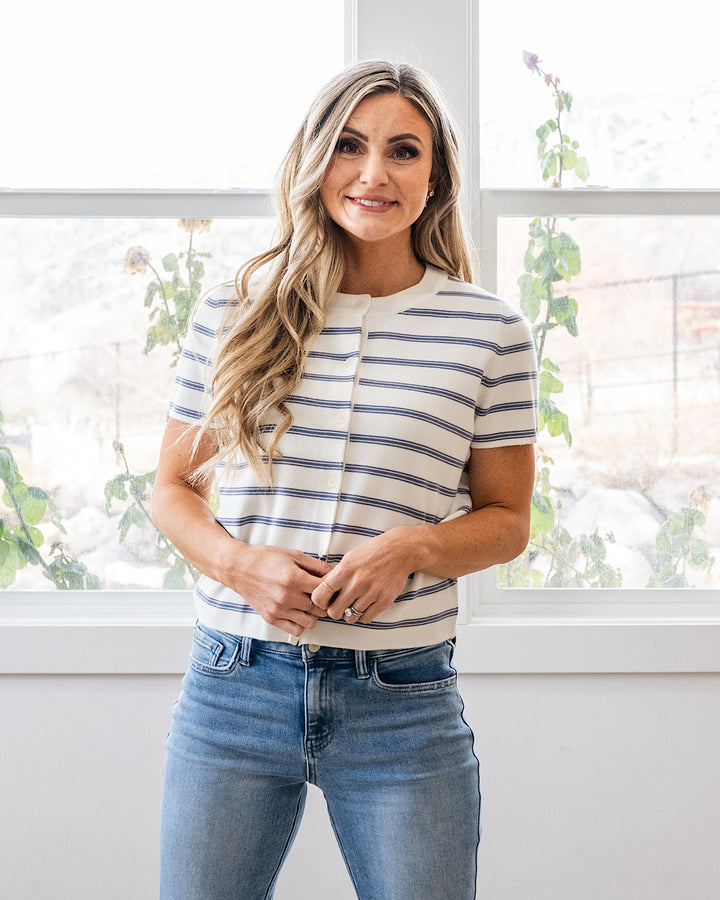 Courtney Striped Short Sleeve Cardigan - Color Options Available! Be Cool Denim Blue